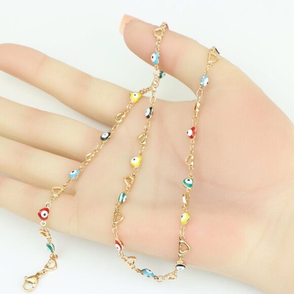 Rose Gold Plated Heart & Multicolor Evil Eye Necklace, XPNL0276 - Picture 2 of 12